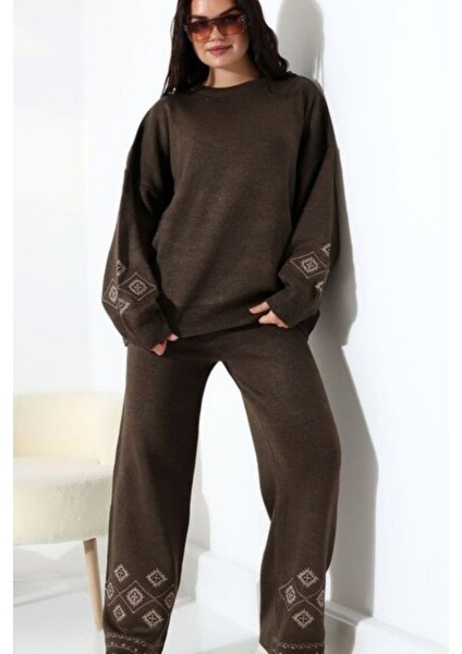 Kadın Kazak Pantolon Kol ve Paça Işleme Alt Üst Ikili Triko Takım