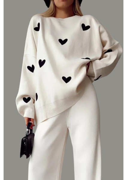 Kadın Alt Üst Pantolon Kazak Kalp Detaylı Ikili Triko Takım