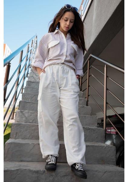 Bej Kız Çocuk Çizgili Gömlekli Kargo Pantolonlu 2'li Takım 23299