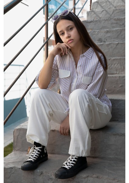 Bej Kız Çocuk Çizgili Gömlekli Kargo Pantolonlu 2'li Takım 23299 fiyatları