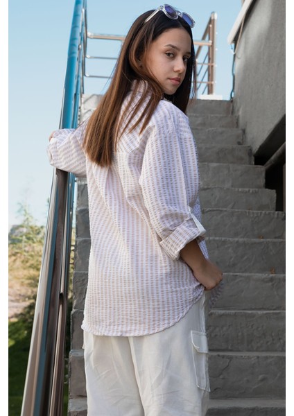 Bej Kız Çocuk Çizgili Gömlekli Kargo Pantolonlu 2'li Takım 23299 modelleri