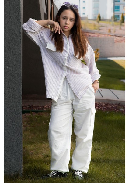 Bej Kız Çocuk Çizgili Gömlekli Kargo Pantolonlu 2'li Takım 23299 fırsatları