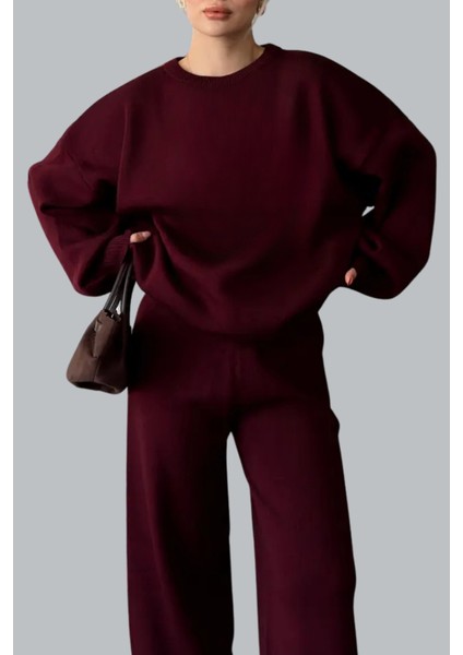 Kadın Düz Alt Üst Kazak Pantolon Basic Ikili Triko Takım