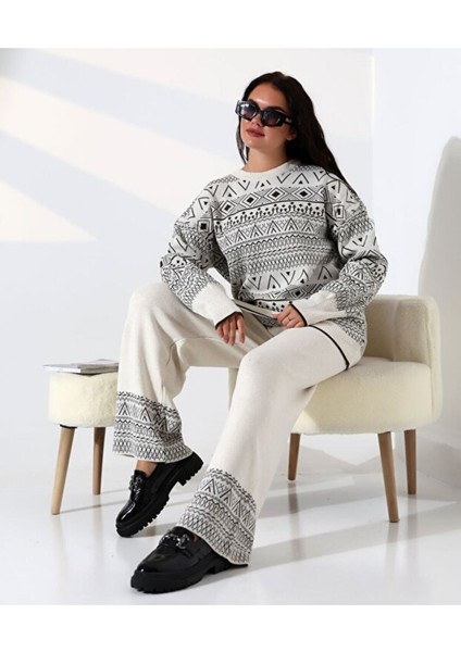 Kadın Kazak Pantolon Etnik Desen Alt Üst Ikili Triko Takım