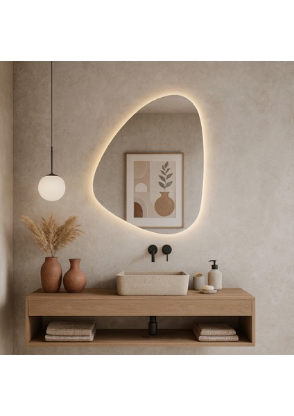 Aurea LED Ayna – Asimetrik Organik Formlu Minimal Duvar Aynası