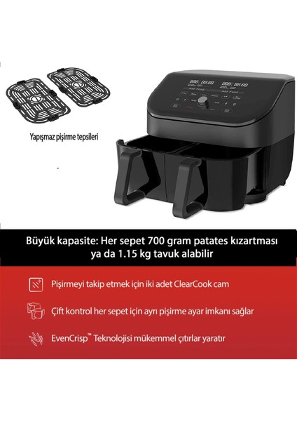 Vortex Plus Airfryer, 7.6 L , Ayrı Ayrı Pişirme Için Çift Sepet, Clear Cook Cam Teknolojisi, 1700 W, Antrasit fırsatları