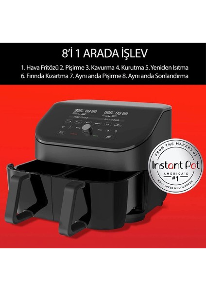 Vortex Plus Airfryer, 7.6 L , Ayrı Ayrı Pişirme Için Çift Sepet, Clear Cook Cam Teknolojisi, 1700 W, Antrasit