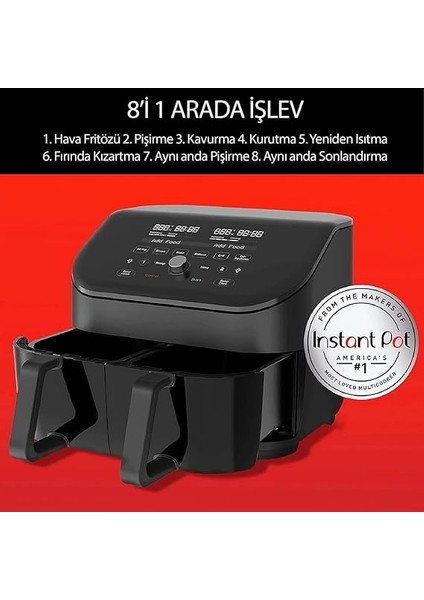 Vortex Plus Airfryer, 7.6 L , Ayrı Ayrı Pişirme Için Çift Sepet, Clear Cook Cam Teknolojisi, 1700 W, Antrasit