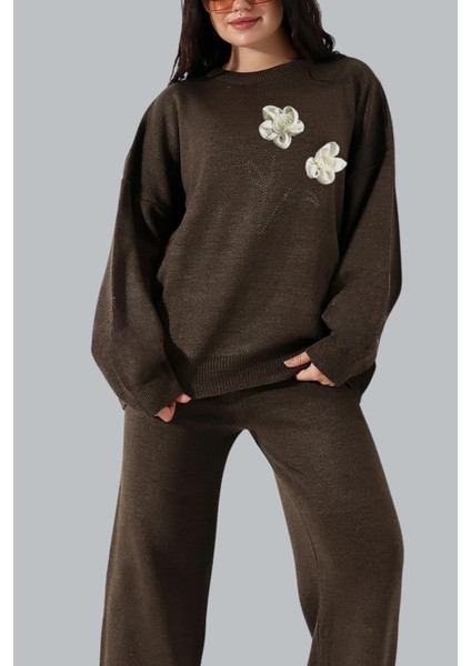 Kadın Kazak Pantolon Gül Detaylı Alt Üst Ikili Triko Takım