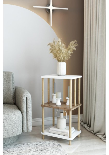 Kendin Kur Basit ve Şık Tasarım Komodin Ahşap Ayaklı Beyaz Desenli