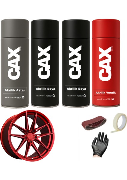 Metalik Kırmızı Araba Jant Sprey Akrilik Özel Yapım Sprey Boya Seti 400 ml Bant-Zımpara-Eldiven