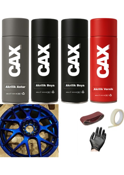 Metalik x Mavi Araba Jant Sprey Akrilik Özel Yapım Sprey Boya Seti 400 ml Bant-Zımpara-Eldiven