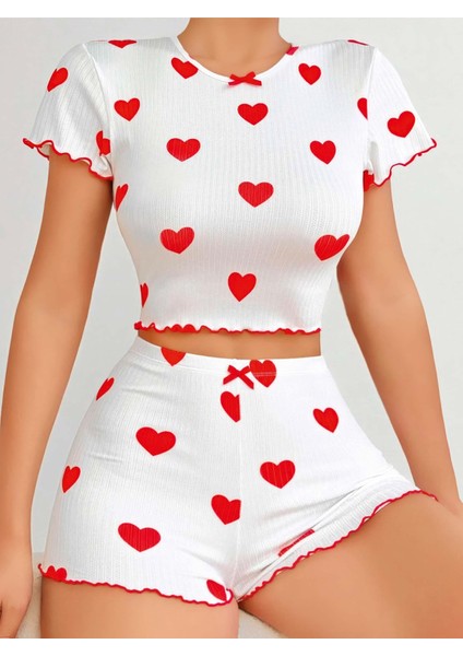 Xmpdby Kadın Beyaz Kırmızı Kalp Desenli Şortlu Gecelik Takım 5023