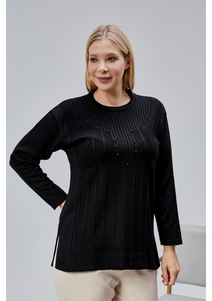 Kadın Triko Yan Yırtmaç Inci Detay Kışlık Orta Yaş Günlük Anne Bluz Kazak