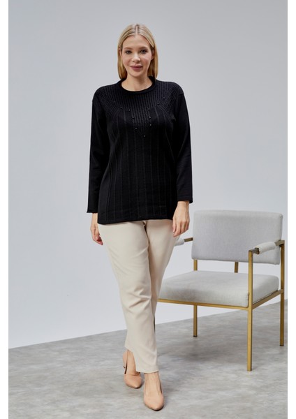 Kadın Triko Yan Yırtmaç Inci Detay Kışlık Orta Yaş Günlük Anne Bluz Kazak