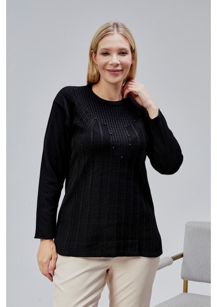Kadın Triko Yan Yırtmaç Inci Detay Kışlık Orta Yaş Günlük Anne Bluz Kazak
