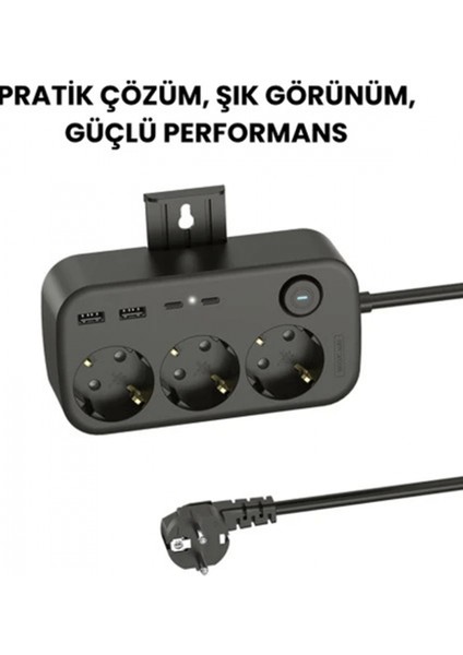 Akım Korumalı Priz 2 USB + 2 Type-C Girişli 2 Metre Kablosu Anahtarlı ve Duvara Monte Edilebilir indirimleri