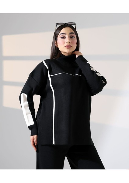 Kadın Kazak Pantolon Çizgisel Alt Üst Ikili Triko Takım