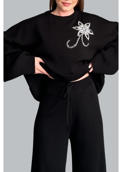 Kadın Boncuk Işlemeli Kazak Pantolon Triko Ikili Takım