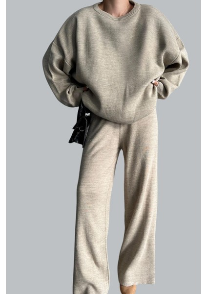 Kadın Düz Alt Üst Kazak Pantolon Basic Ikili Triko Takım