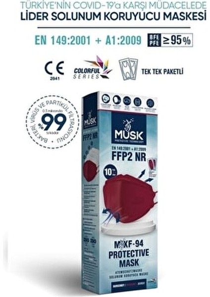 KF94 Ffp2 Maske Bordo Renk 10 Adet 4D Tasarım ile Konforlu ve Güvenli Koruma