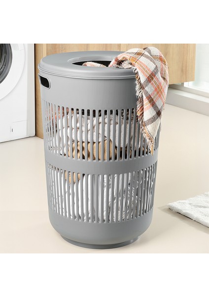 60 Litre Solara Yuvarlak Kirli Sepeti - Kapak Detaylı Banyo Düzenleyici Sepet Çamaşır Sepeti Gri