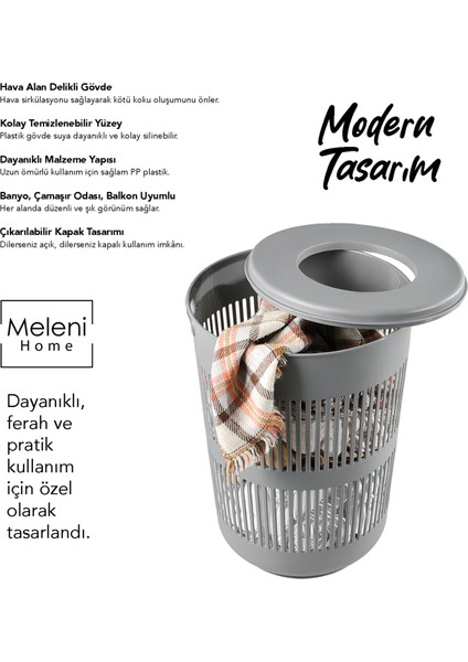 60 Litre Solara Yuvarlak Kirli Sepeti - Kapak Detaylı Banyo Düzenleyici Sepet Çamaşır Sepeti Gri modelleri