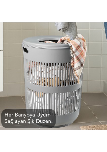 60 Litre Solara Yuvarlak Kirli Sepeti - Kapak Detaylı Banyo Düzenleyici Sepet Çamaşır Sepeti Gri fırsatları