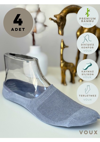 Bambu Silikonlu Gri Kadın Babet Çorap 4 'lü
