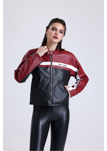 Kadın Oversize Baskılı Motorcu Ceketi Fermuarlı Kolej Mont Bomber Deri Yarışçı Montu Kırmızı