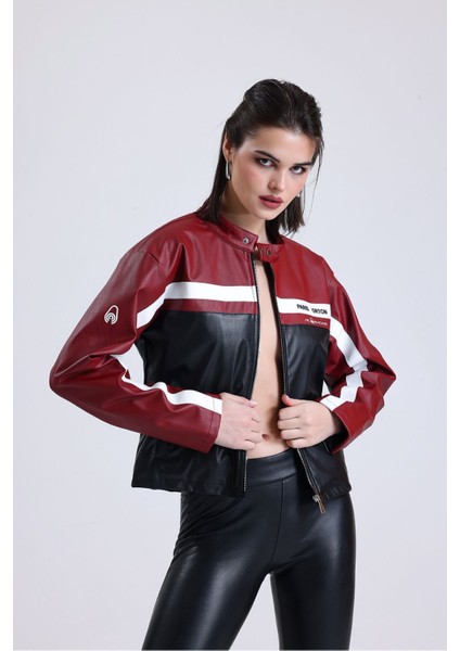 Kadın Oversize Baskılı Motorcu Ceketi Fermuarlı Kolej Mont Bomber Deri Yarışçı Montu Kırmızı fiyatları