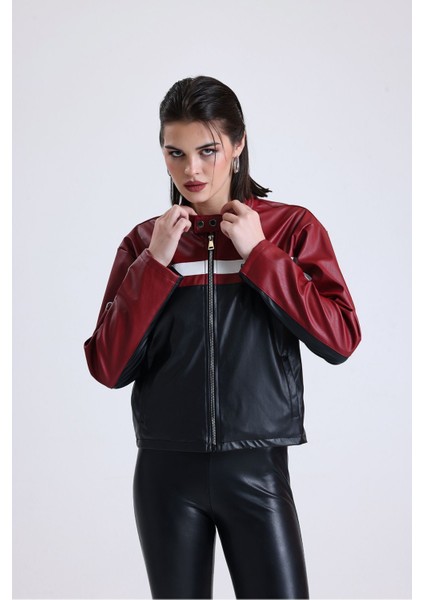 Kadın Oversize Baskılı Motorcu Ceketi Fermuarlı Kolej Mont Bomber Deri Yarışçı Montu Kırmızı modelleri