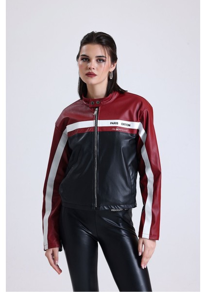 Kadın Oversize Baskılı Motorcu Ceketi Fermuarlı Kolej Mont Bomber Deri Yarışçı Montu Kırmızı fırsatları