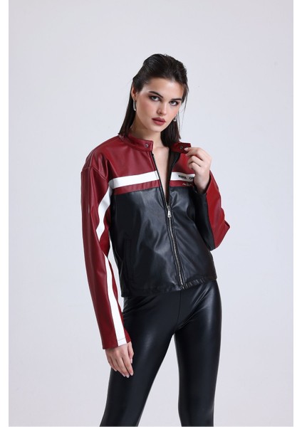 Kadın Oversize Baskılı Motorcu Ceketi Fermuarlı Kolej Mont Bomber Deri Yarışçı Montu Kırmızı indirimleri