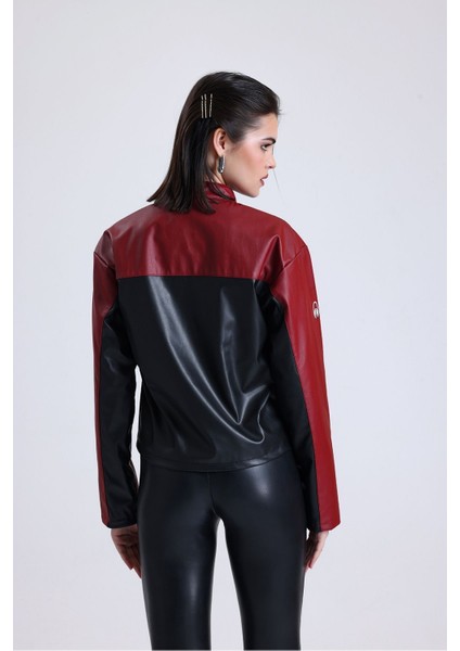 Kadın Oversize Baskılı Motorcu Ceketi Fermuarlı Kolej Mont Bomber Deri Yarışçı Montu Kırmızı
