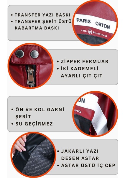Kadın Oversize Baskılı Motorcu Ceketi Fermuarlı Kolej Mont Bomber Deri Yarışçı Montu Kırmızı