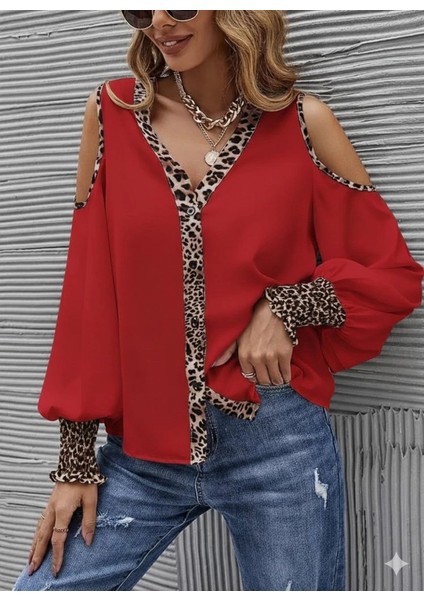 Mdb Kadın Omuzlardan Açık Yakalı Önden Düğmeli Leopar Detaylı Sandy Bluz