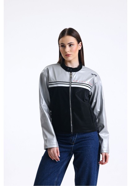 Kadın Şeritli Baskılı Fermuarlı Deri Mont Yarışçı Kolej Mont Yaka Çıtçıtlı Motorcu Montu Bomber Gri fiyatları