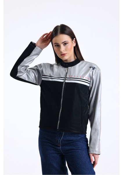 Kadın Şeritli Baskılı Fermuarlı Deri Mont Yarışçı Kolej Mont Yaka Çıtçıtlı Motorcu Montu Bomber Gri modelleri