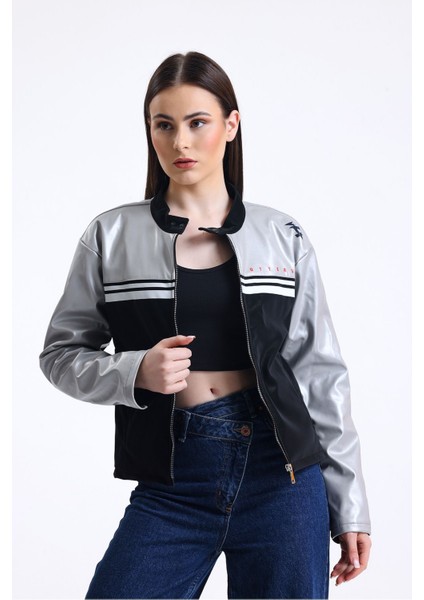 Kadın Şeritli Baskılı Fermuarlı Deri Mont Yarışçı Kolej Mont Yaka Çıtçıtlı Motorcu Montu Bomber Gri fırsatları