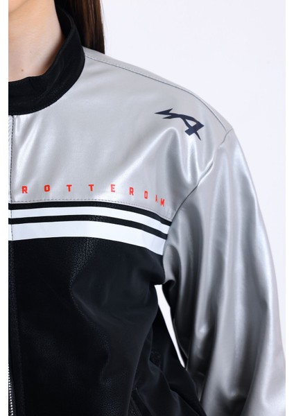 Kadın Şeritli Baskılı Fermuarlı Deri Mont Yarışçı Kolej Mont Yaka Çıtçıtlı Motorcu Montu Bomber Gri indirimleri