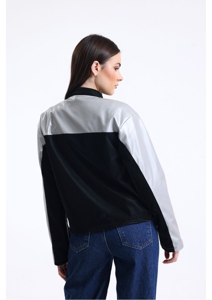 Kadın Şeritli Baskılı Fermuarlı Deri Mont Yarışçı Kolej Mont Yaka Çıtçıtlı Motorcu Montu Bomber Gri