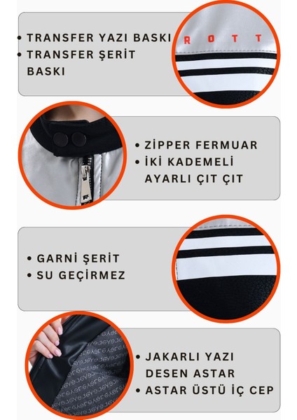 Kadın Şeritli Baskılı Fermuarlı Deri Mont Yarışçı Kolej Mont Yaka Çıtçıtlı Motorcu Montu Bomber Gri