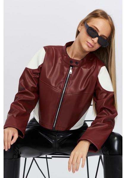 Kadın Oversize Fermuarlı Yaka Çıt Çıtlı Omuz ve Etek Beyaz Desenli Kolej Yarışçı Ceket Motorcu Mont