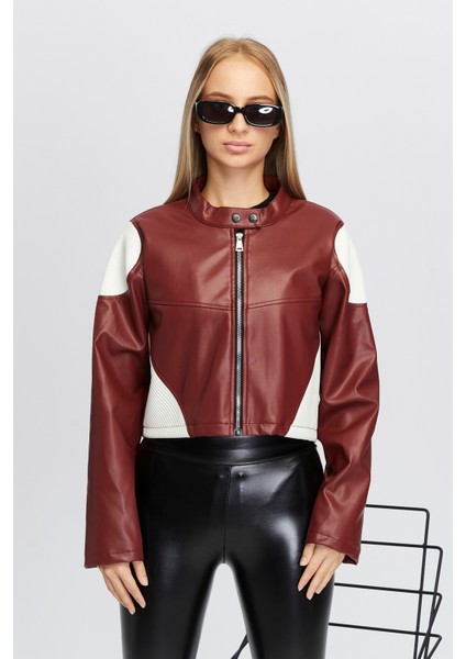 Kadın Oversize Fermuarlı Yaka Çıt Çıtlı Omuz ve Etek Beyaz Desenli Kolej Yarışçı Ceket Motorcu Mont fiyatları