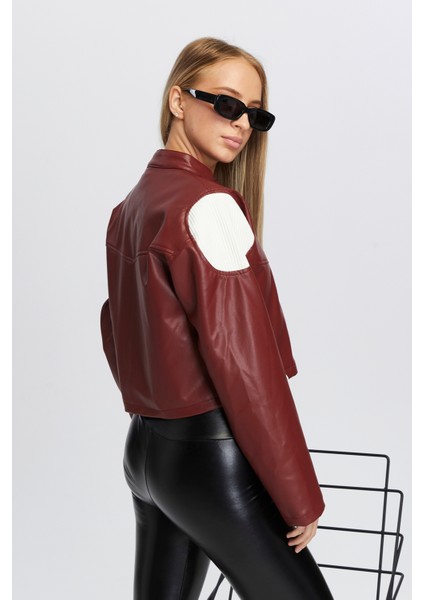 Kadın Oversize Fermuarlı Yaka Çıt Çıtlı Omuz ve Etek Beyaz Desenli Kolej Yarışçı Ceket Motorcu Mont