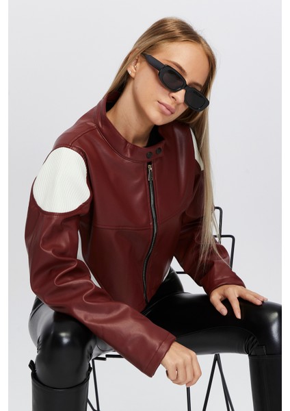 Kadın Oversize Fermuarlı Yaka Çıt Çıtlı Omuz ve Etek Beyaz Desenli Kolej Yarışçı Ceket Motorcu Mont