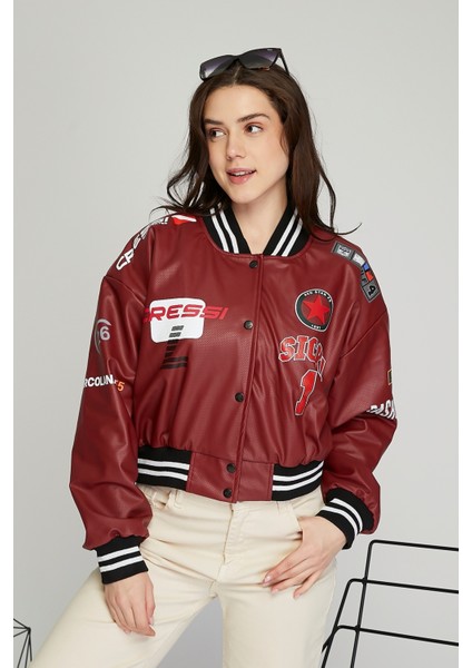 Kadın Baskılı Kolej Mont Bomber Ceket Deri Mont Oversize Deri Biker Yarışçı Motorcu Deri Ceket