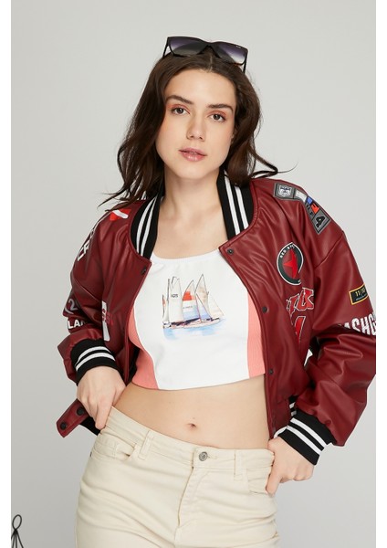 Kadın Baskılı Kolej Mont Bomber Ceket Deri Mont Oversize Deri Biker Yarışçı Motorcu Deri Ceket fiyatları