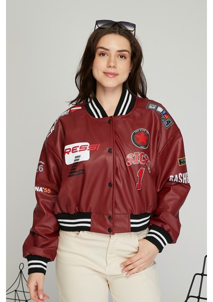 Kadın Baskılı Kolej Mont Bomber Ceket Deri Mont Oversize Deri Biker Yarışçı Motorcu Deri Ceket modelleri